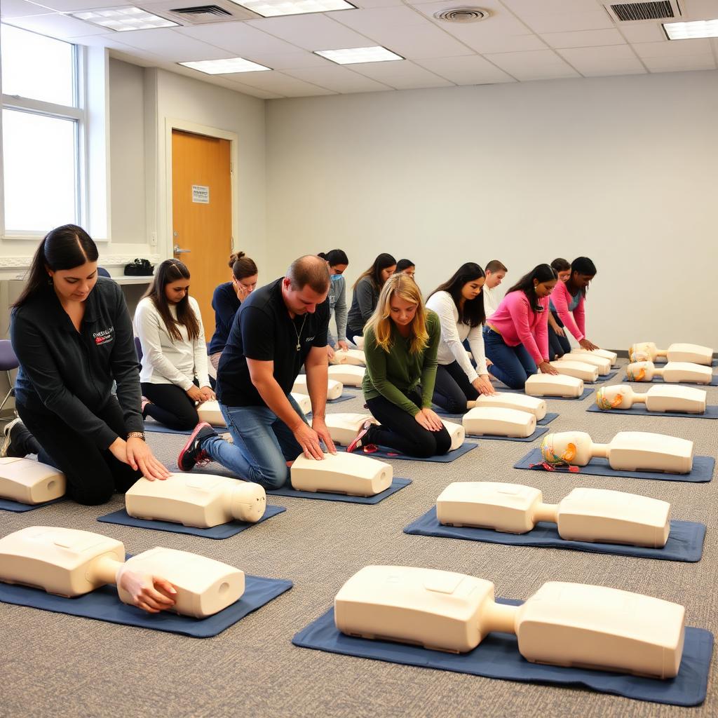 Student practicing CPR on a training mannequin